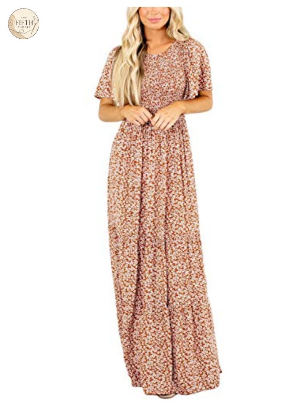 Kranda Women's Smocked Floral Maxi Dress Flutter Sleeve A-Line